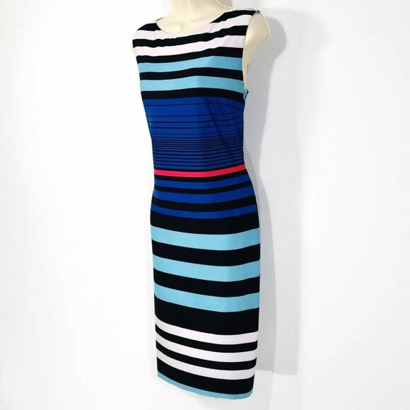Cache Sheath Pencil Dress Sz 8 Blue White Stripe Knee Length Sleeveless - Picture 3 of 7